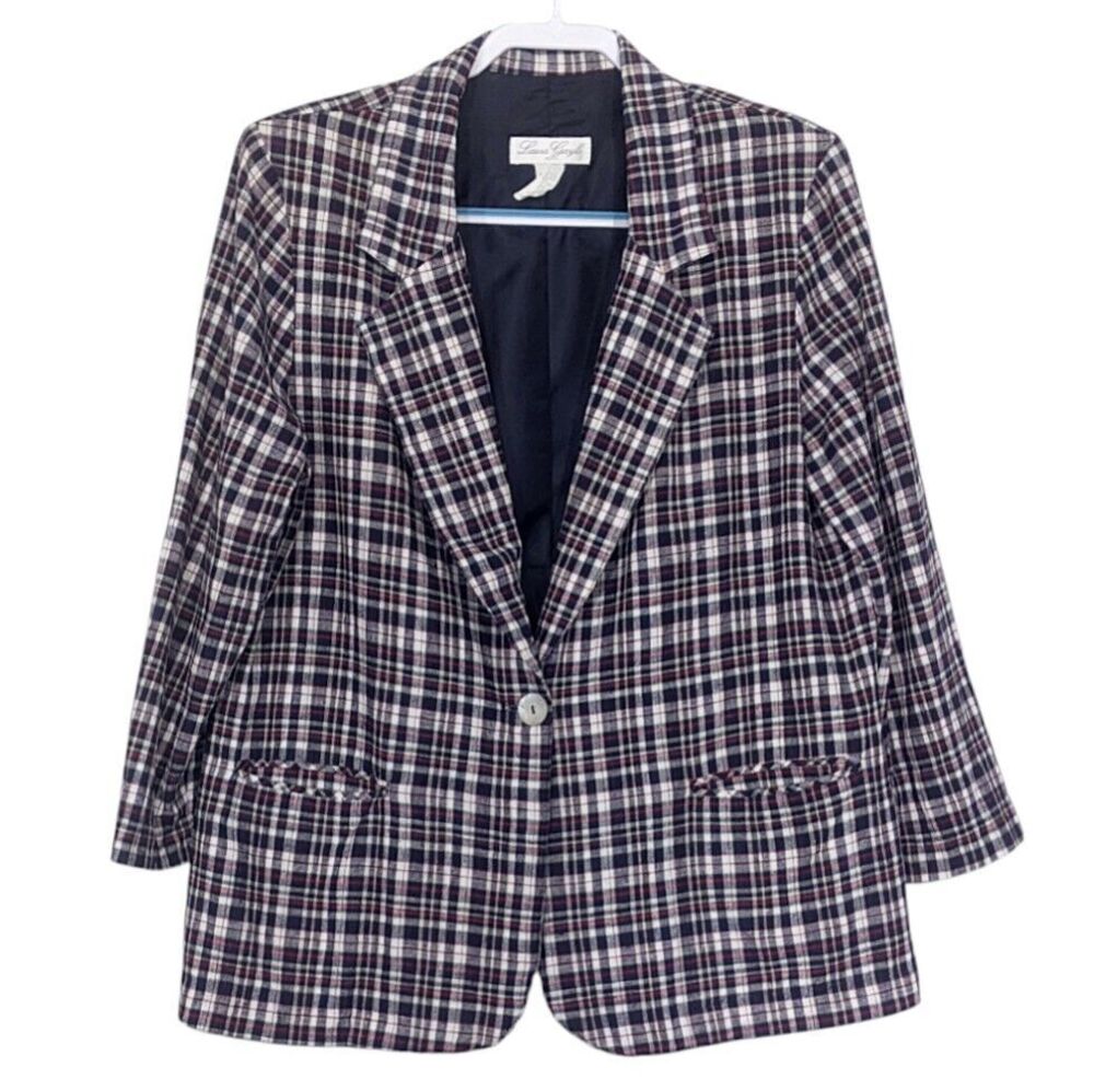 Vtg Linen Plaid Blazer Womens *fits XL Blue Red Laura Gayle Petite Lightweight